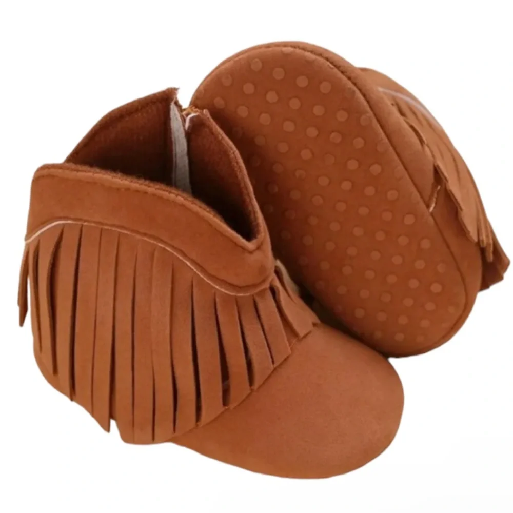NEW! Western Boots For Baby Fringe Decor Zipper Side Boots Brown 0-6 Months